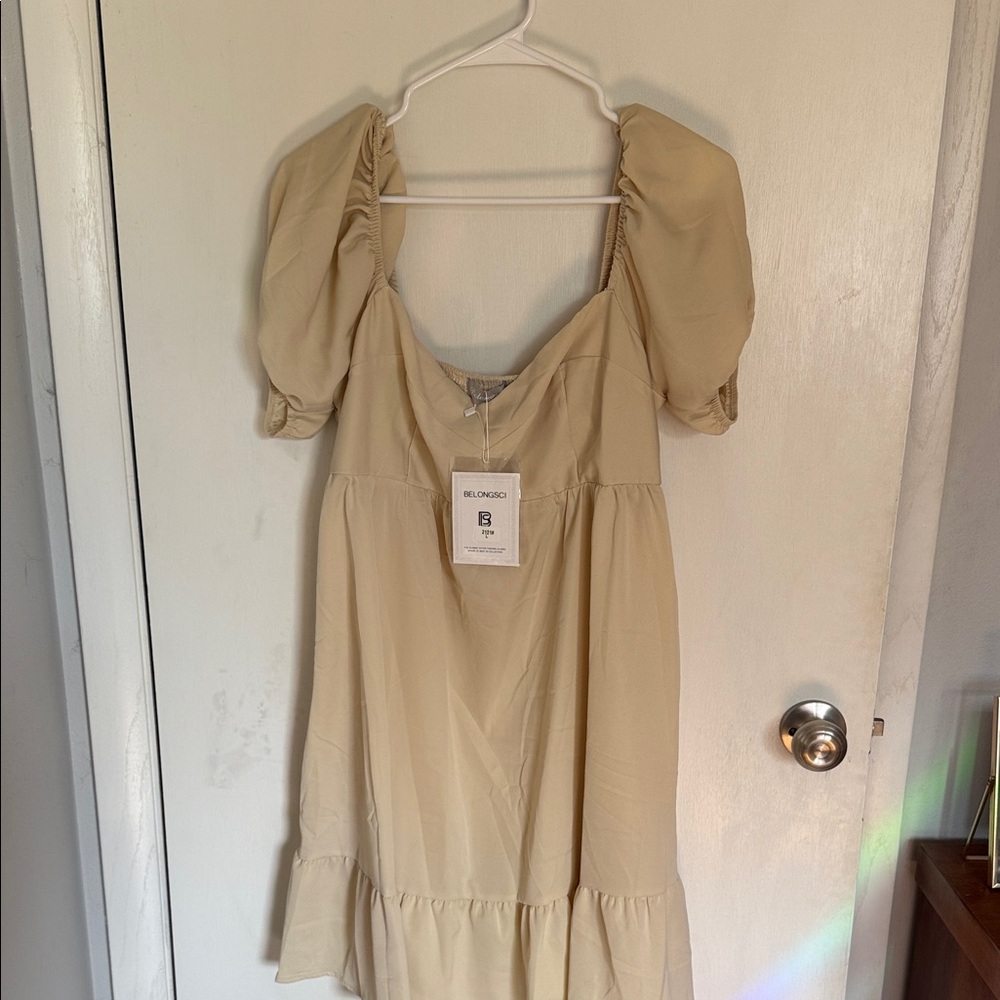 Elegant Beige Puff Sleeve Dress